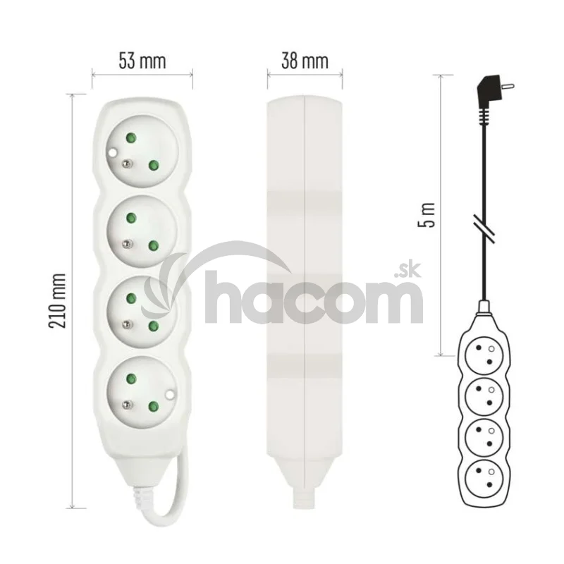 Predlžovací kábel 5 m / 4 zásuvky / biely / PVC / 1,5 mm2