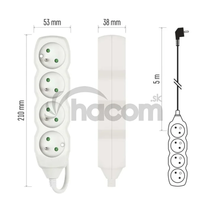 Predlžovací kábel 5 m / 4 zásuvky / biely / PVC / 1,5 mm2