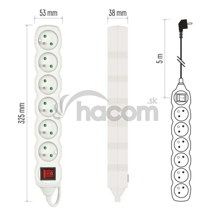 Predlžovací kábel 5 m / 6 zásuviek / s vypínačom / biely / PVC / 1,5 mm2