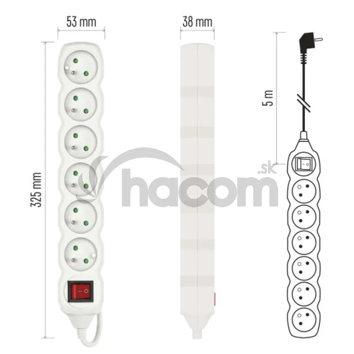 Predlžovací kábel 5 m / 6 zásuviek / s vypínačom / biely / PVC / 1,5 mm2