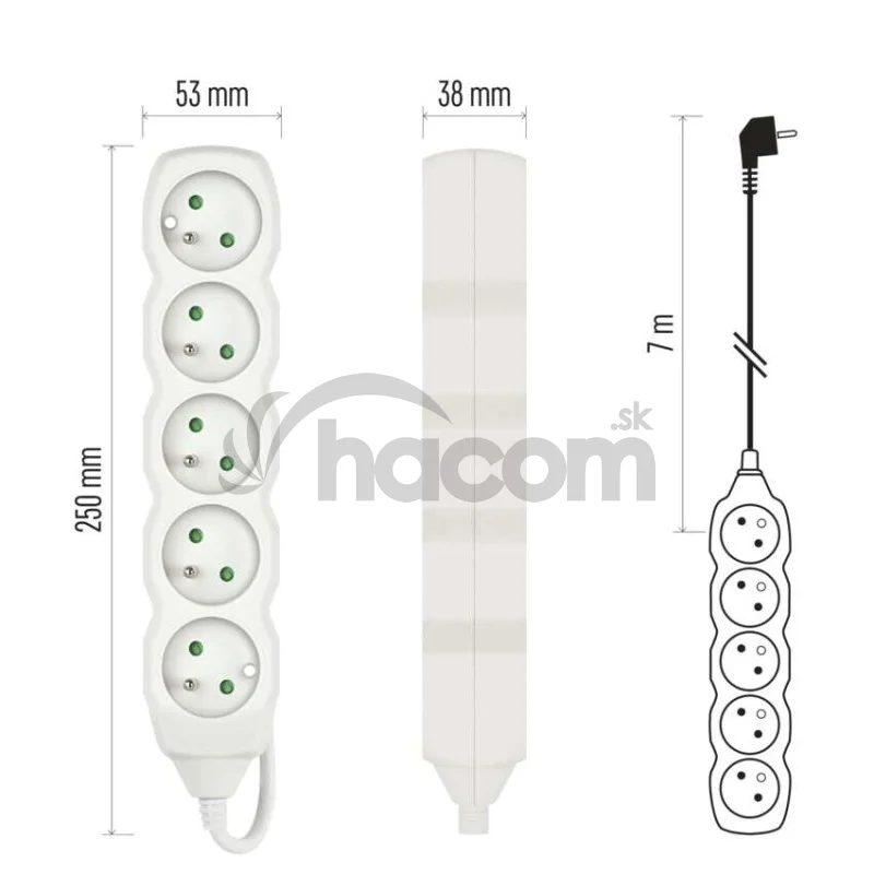 Predlžovací kábel 7 m / 5 zásuviek / biely / PVC / 1 mm2