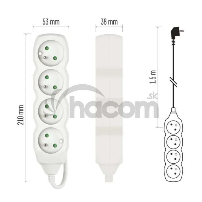 Predlžovací kábel 1,5 m / 4 zásuvky / biely / PVC / 1 mm2
