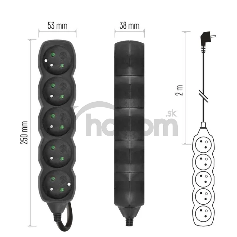 Predlžovací kábel 2 m / 5 zásuviek / čierny / PVC / 1 mm2