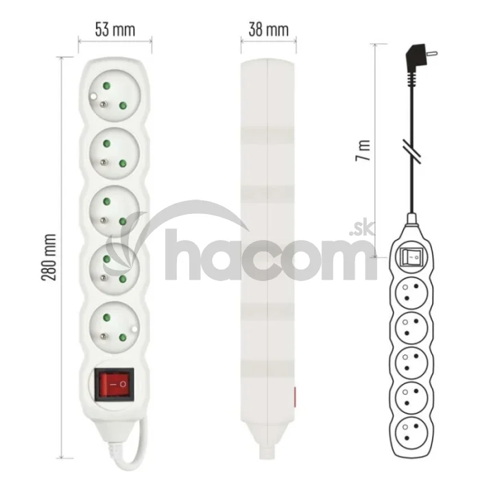 Predlžovací kábel 7 m / 5 zásuviek / s vypínačom / biely / PVC / 1,5 mm2