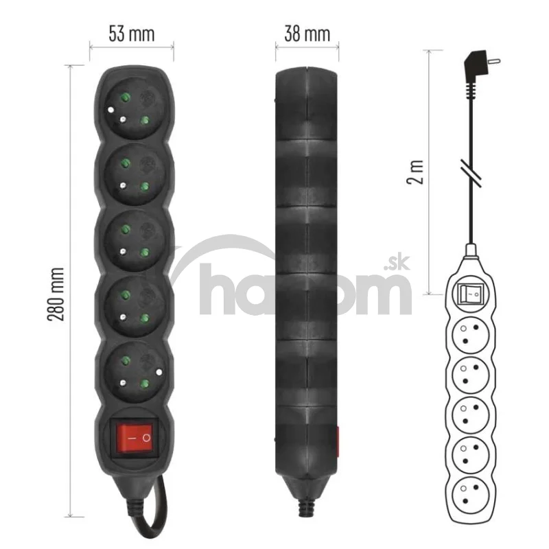 Predlžovací kábel 2 m / 5 zásuviek / s vypínačom / čierny / PVC / 1 mm2