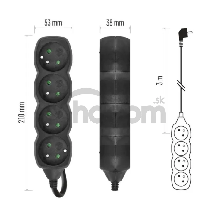 Predlžovací kábel 3 m / 4 zásuvky / čierny / PVC / 1,5 mm2