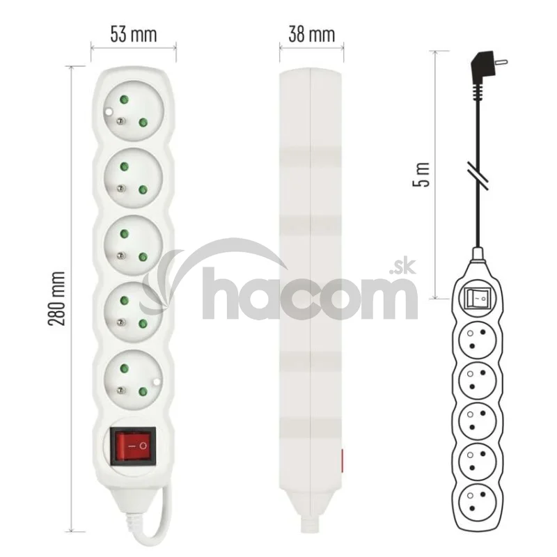 Predlžovací kábel 5 m / 5 zásuviek / s vypínačom / biely / PVC / 1,5 mm2