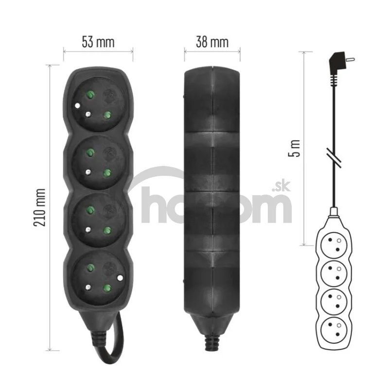 Predlžovací kábel 5 m / 4 zásuvky / čierny / PVC / 1 mm2