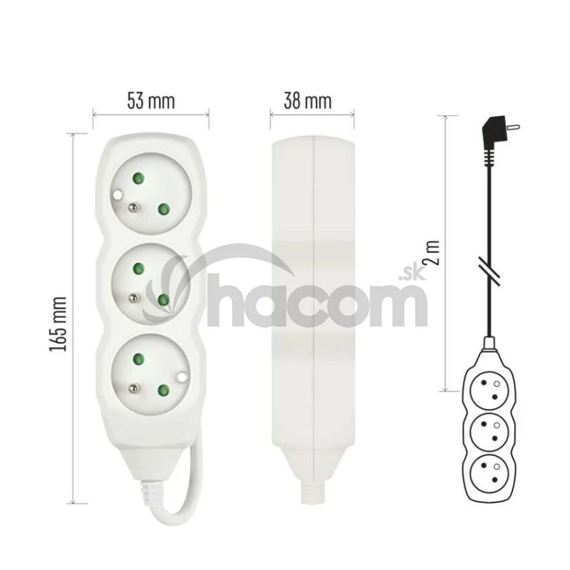 Predlžovací kábel 2 m / 3 zásuvky / biely / PVC / 1 mm2