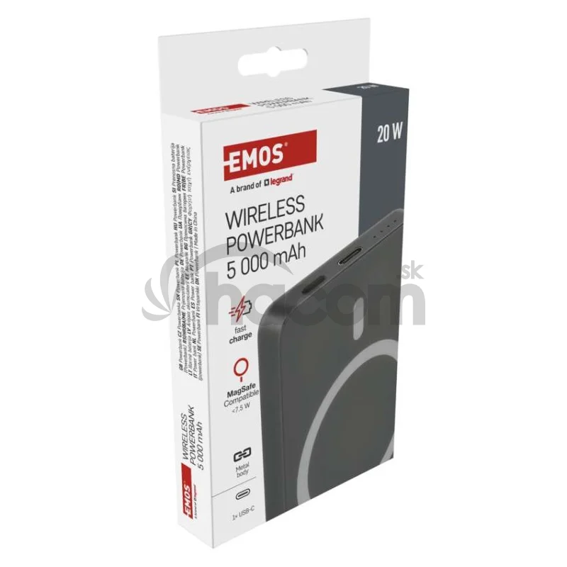 Power bank EMOS WI 522, 5 000 mAh, 20 W+Wireless, šedá