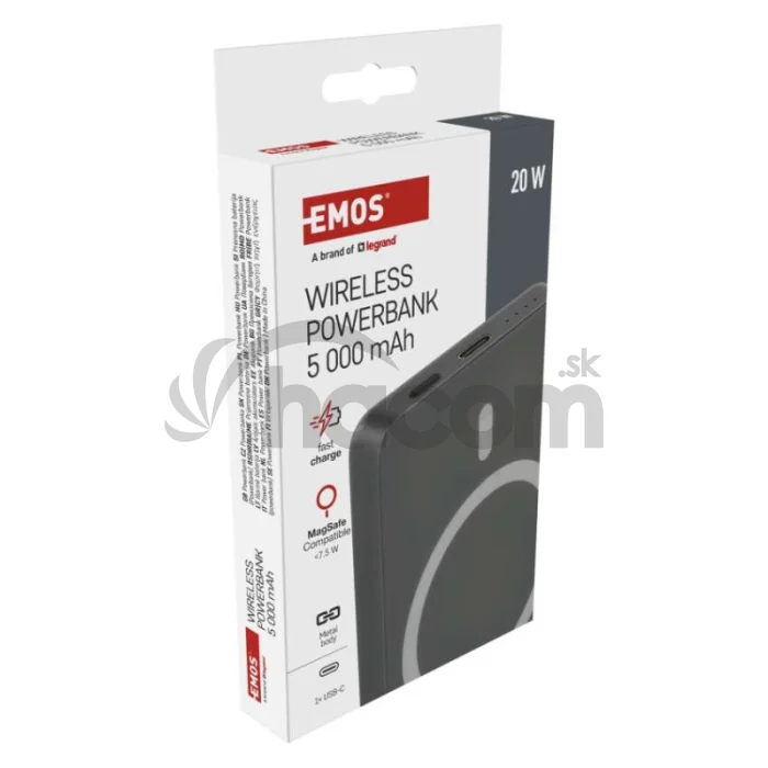 Power bank EMOS WI 522, 5 000 mAh, 20 W+Wireless, šedá
