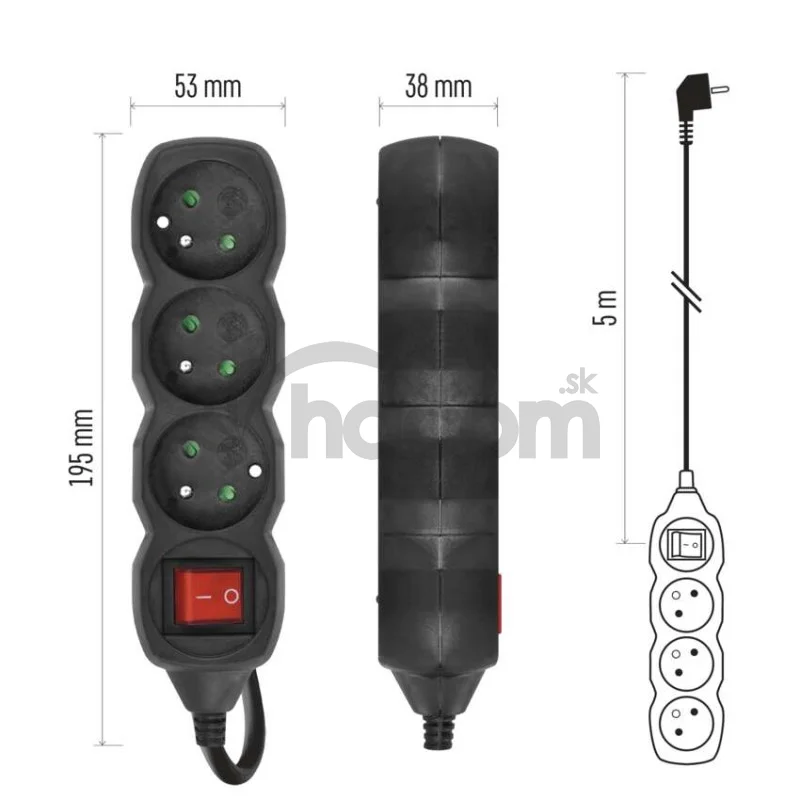 Predlžovací kábel 5 m / 3 zásuvky / s vypínačom / čierny / PVC / 1 mm2