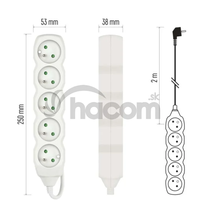 Predlžovací kábel 2 m / 5 zásuviek / biely / PVC / 1 mm2
