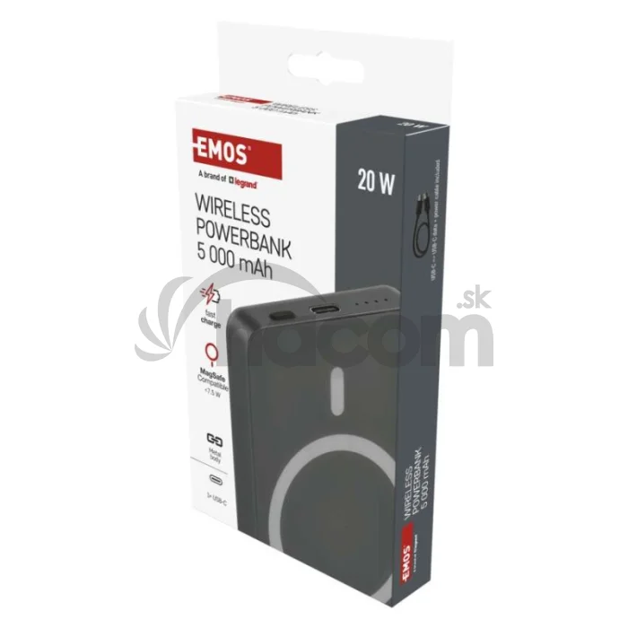 Power bank EMOS WI 522, 5 000 mAh, 20 W+Wireless, šedá