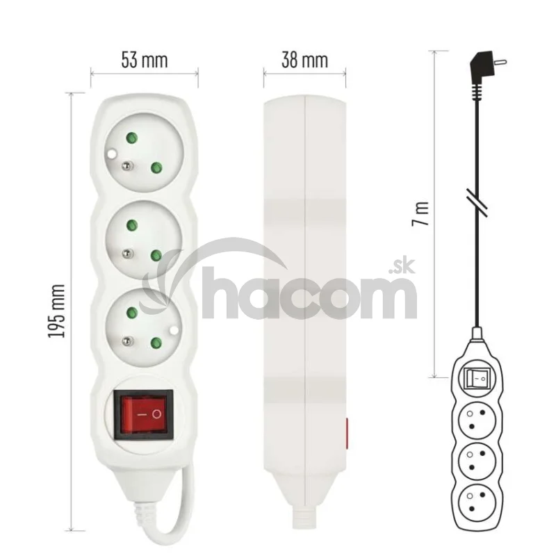 Predlžovací kábel 7 m / 3 zásuvky / s vypínačom / biely / PVC / 1,5 mm2