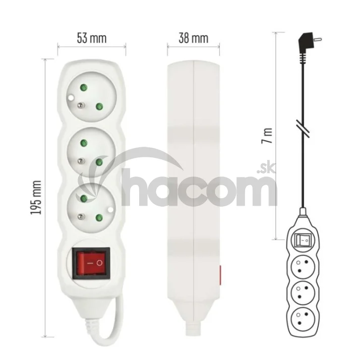 Predlžovací kábel 7 m / 3 zásuvky / s vypínačom / biely / PVC / 1,5 mm2