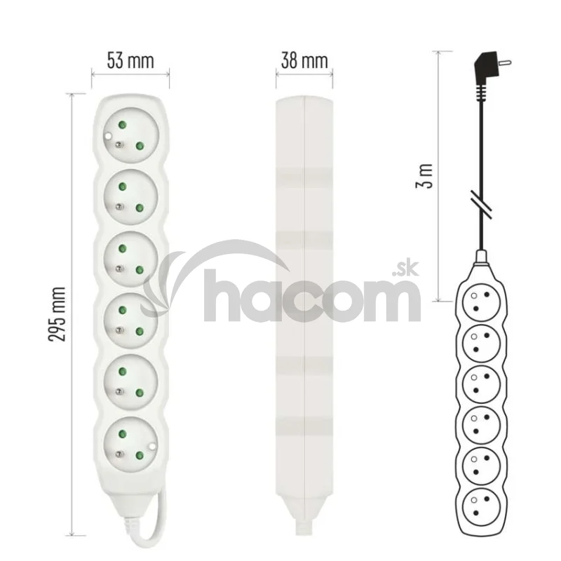 Predlžovací kábel 3 m / 6 zásuviek / biely / PVC / 1 mm2