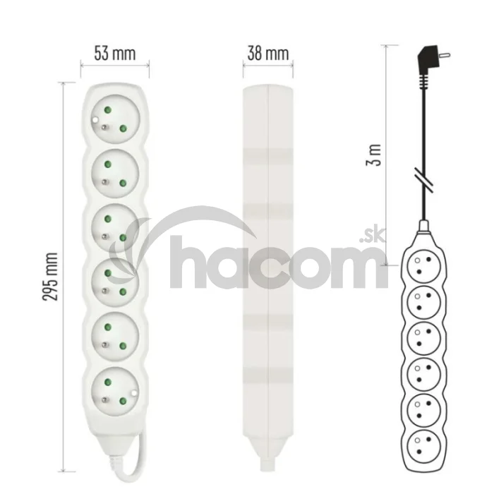 Predlžovací kábel 3 m / 6 zásuviek / biely / PVC / 1 mm2