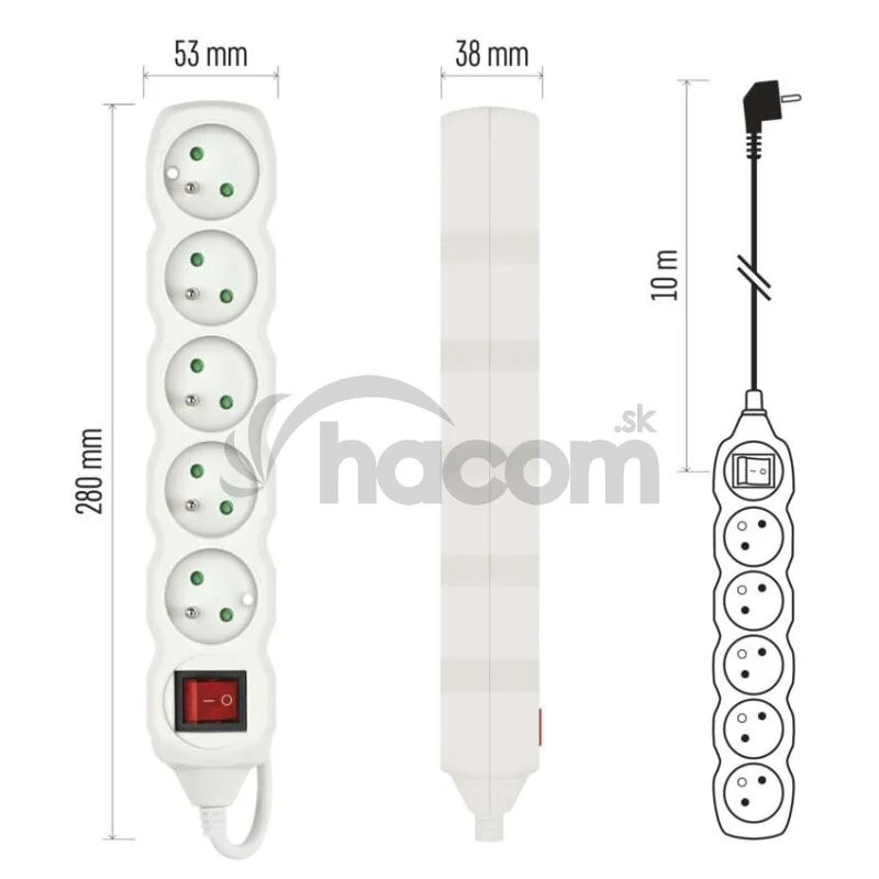 Predlžovací kábel 10 m / 5 zásuviek / s vypínačom / biely / PVC / 1 mm2