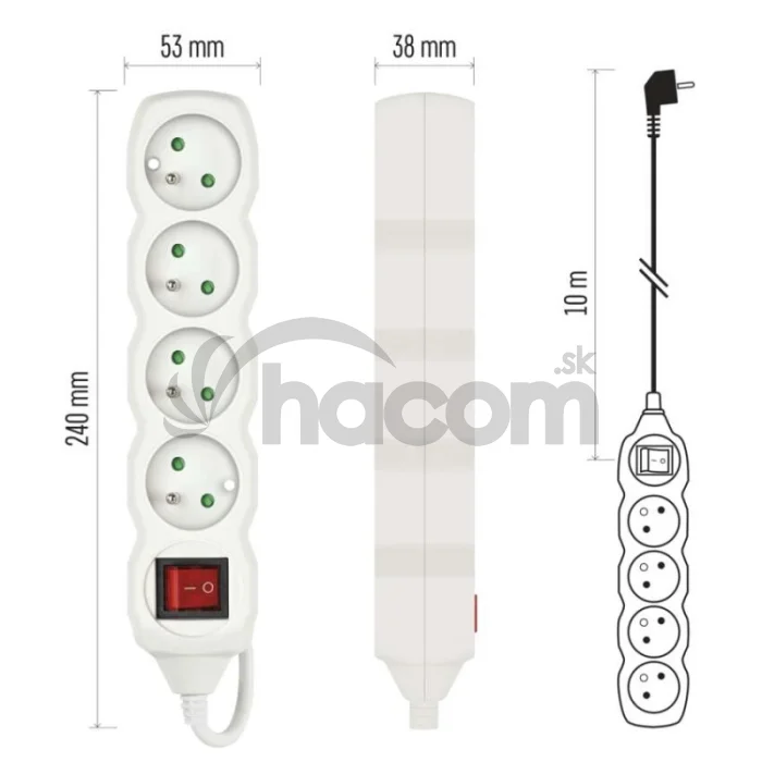 Predlžovací kábel 10 m / 4 zásuvky / s vypínačom / biely / PVC / 1,5 mm2