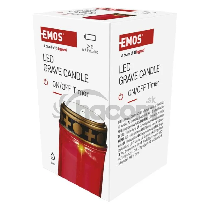 LED náhrobná sviečka červená, 2x C, vonkajšia aj vnútorná, teplá biela, časovač