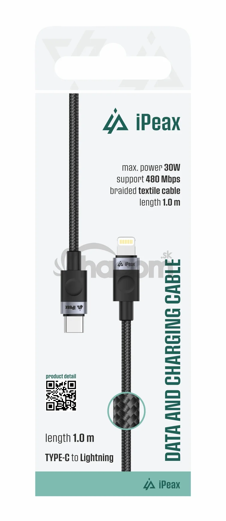 TEXTILNÝ KÁBEL USB-C / LIGHTNING 1M, USB 2.0 ČIERNY