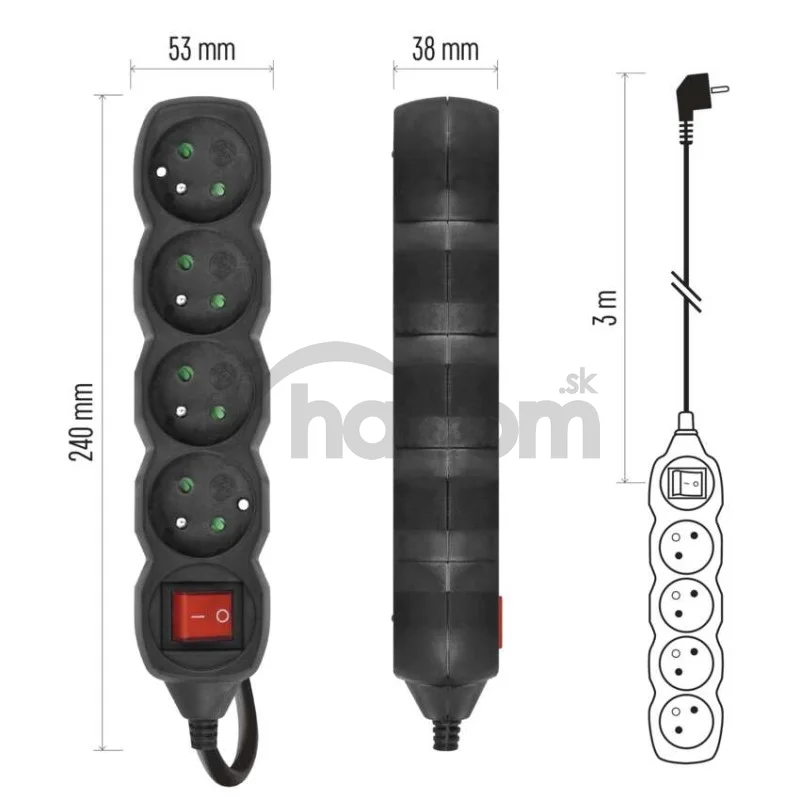 Predlžovací kábel 3 m / 4 zásuvky / s vypínačom / čierny / PVC / 1,5 mm2