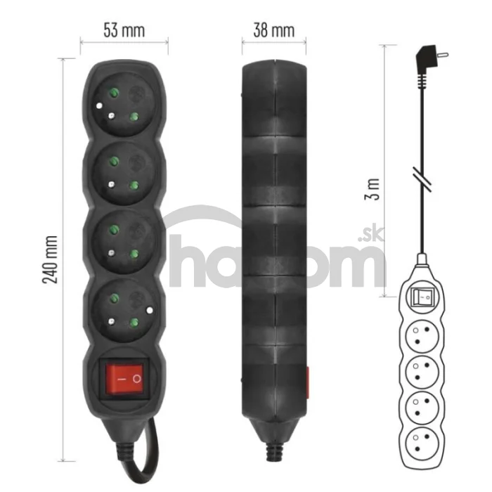 Predlžovací kábel 3 m / 4 zásuvky / s vypínačom / čierny / PVC / 1,5 mm2