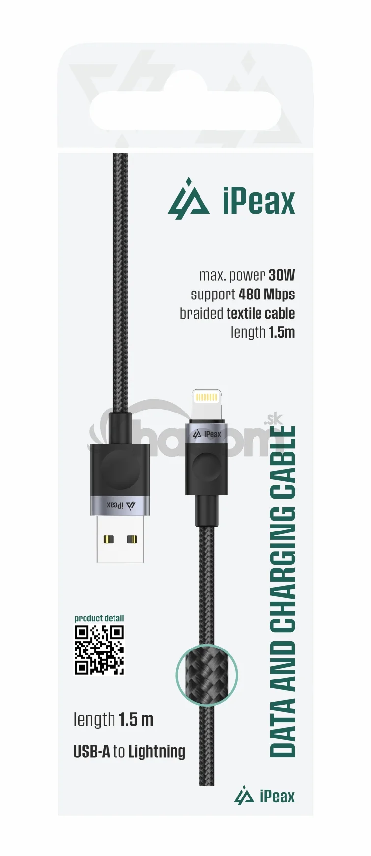 TEXTILNÝ KÁBEL USB-A/LIGHTNING 1,5M, USB 2.0 ČIERNY