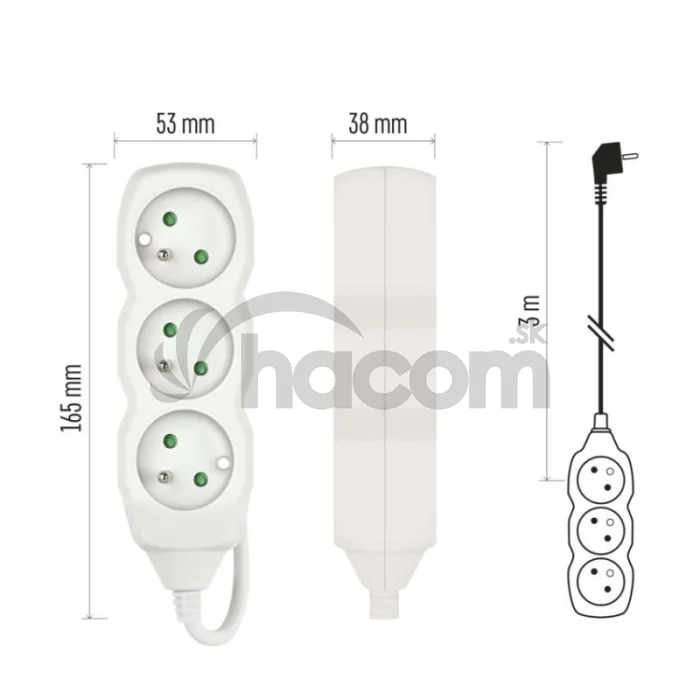Predlžovací kábel 3 m / 3 zásuvky / biely / PVC / 1,5 mm2