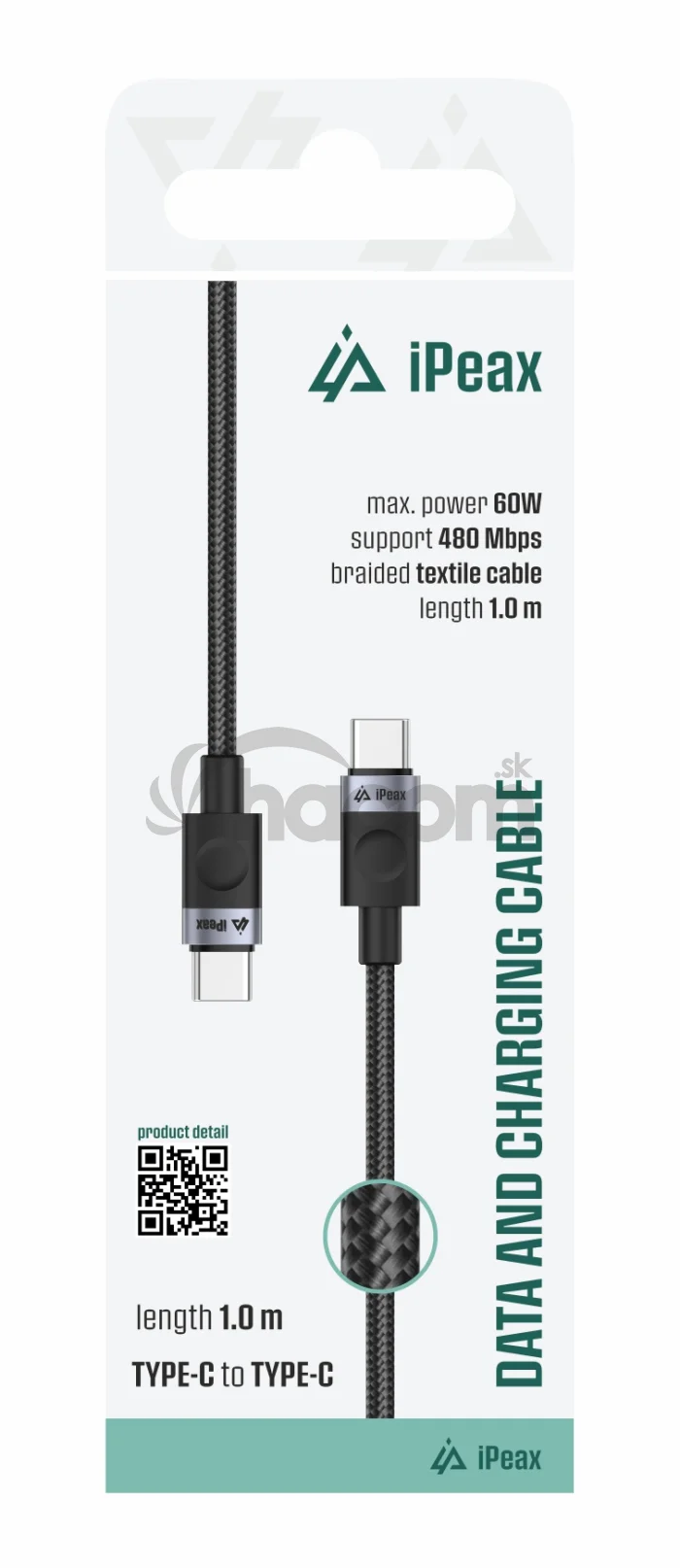 TEXTILNÝ KÁBEL USB-C / USB-C 1M, USB 2.0 ČIERNY