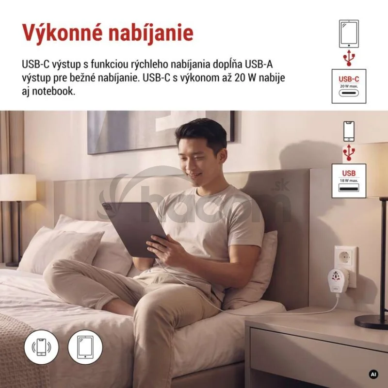 Cestovný univerzálny adaptér pre cudzincov do strednej Európy, 1×USB-C, 1×USB-A