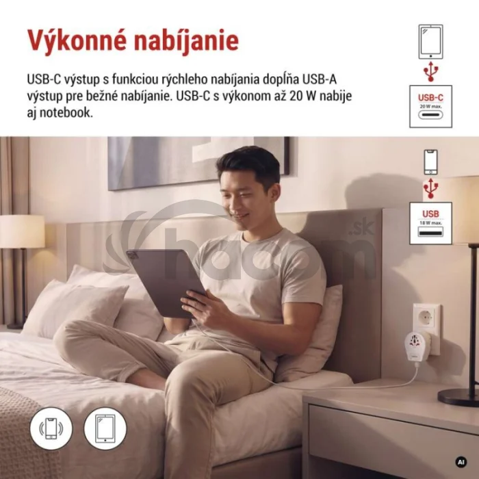 Cestovný univerzálny adaptér pre cudzincov do strednej Európy, 1×USB-C, 1×USB-A