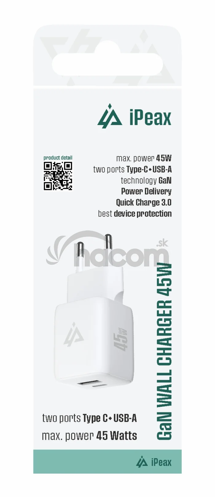 GaN SIEŤOVÁ NABÍJAČKA 45W (USB-C + USB-A) BIELA