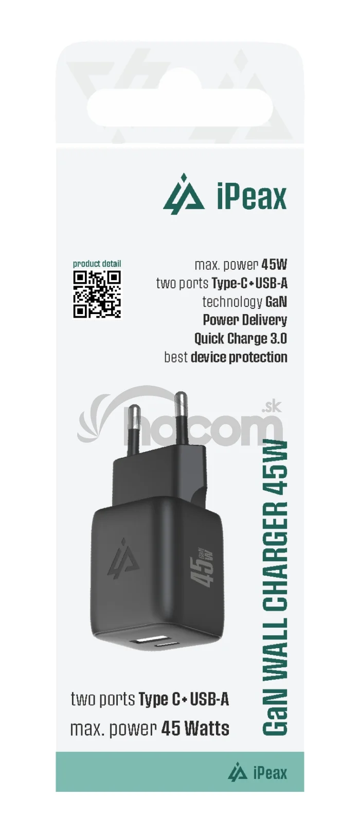 GaN SIEŤOVÁ NABÍJAČKA 45W (USB-C + USB-A) ČIERNA