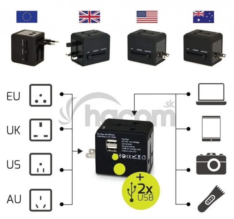 Sandberg cestovný adaptér 4v1 + 2x USB nabíjanie