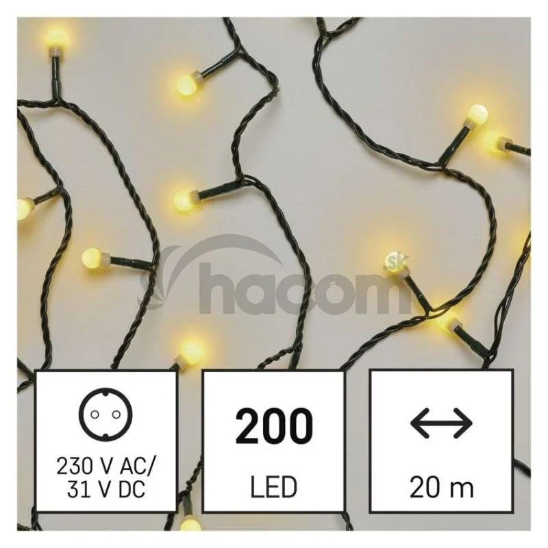 LED vianočná cherry reťaz – guličky, 20 m, vonkajšia aj vnútorná, teplá biela, časovač