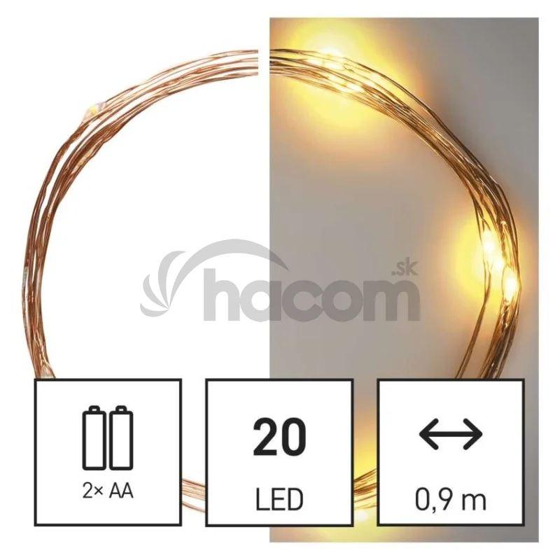 LED vianočná nano reťaz, 1,9 m, 2x AA, vnútorná, teplá biela, časovač