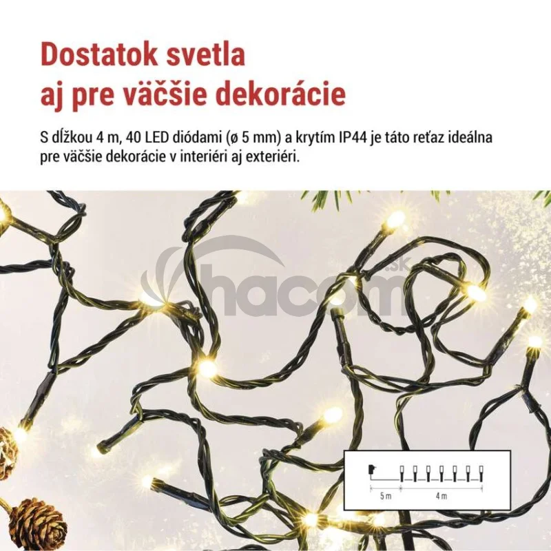 LED vianočná reťaz, 4 m, vonkajšia aj vnútorná, teplá biela, programy, časovač