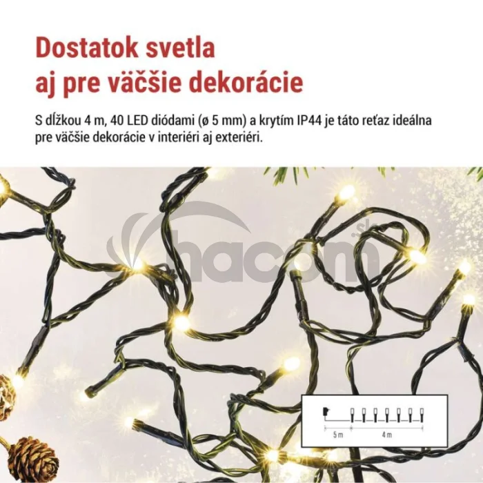 LED vianočná reťaz, 4 m, vonkajšia aj vnútorná, teplá biela, programy, časovač