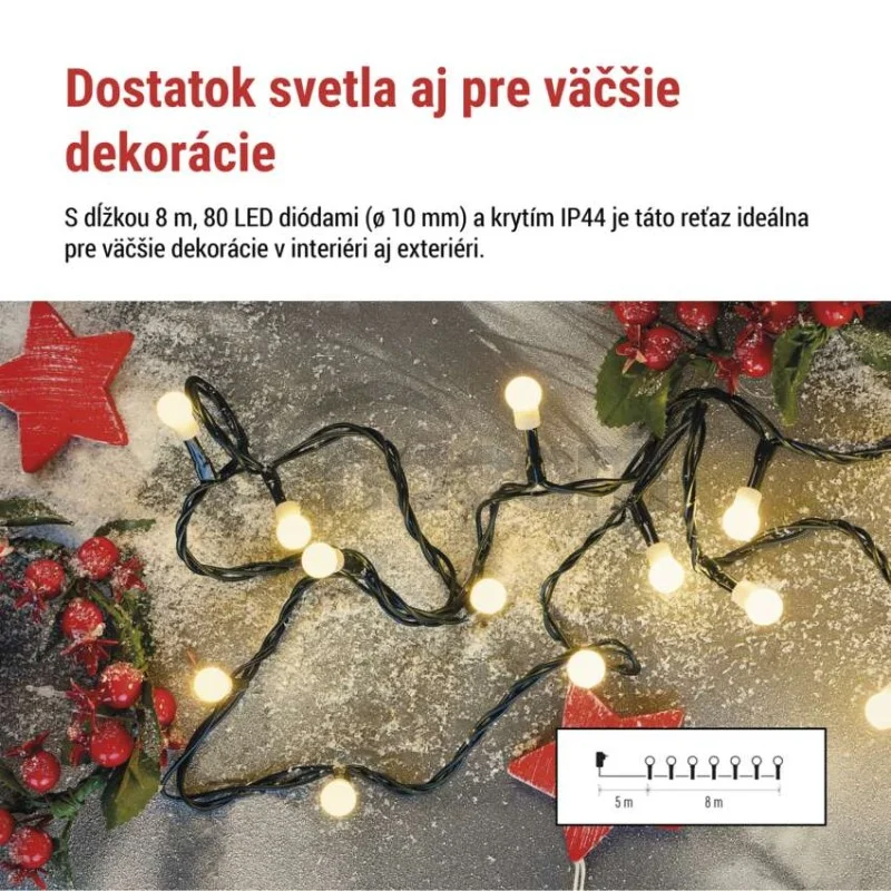 LED vianočná cherry reťaz – guličky, 8 m, vonk. aj vnútor., teplá biela, programy, časovač