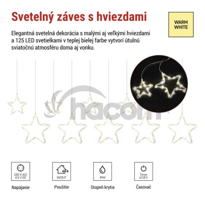 Vianočná LED girlanda – hviezdy, 190 x 50 cm, do exteriéru aj interiéru, teplá biela