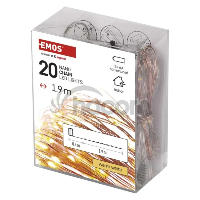 LED vianočná nano reťaz, 1,9 m, 2x AA, vnútorná, teplá biela, časovač