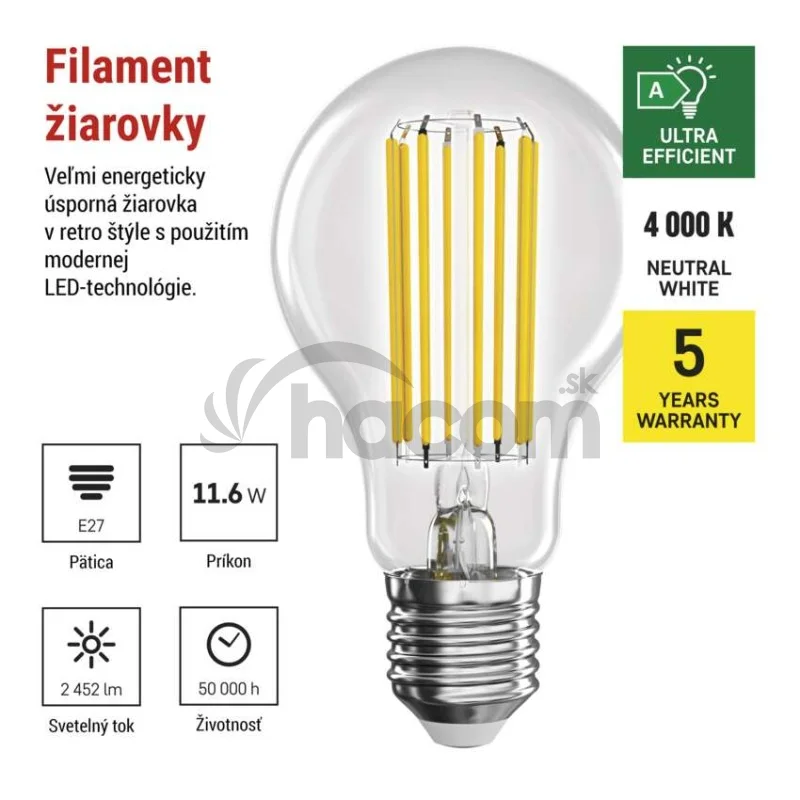 LED žiarovka Filament A70 / E27 / 11.6 W (150 W) / 2 452 lm / neutrálna biela / A CLASS