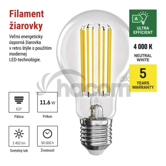 LED žiarovka Filament A70 / E27 / 11.6 W (150 W) / 2 452 lm / neutrálna biela / A CLASS