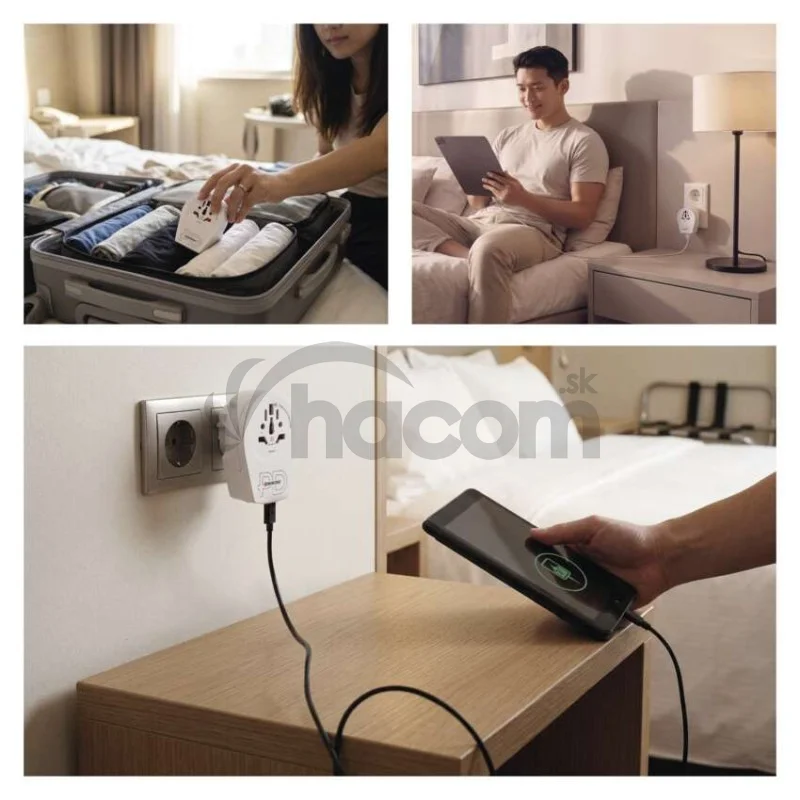 Cestovný univerzálny adaptér pre cudzincov do strednej Európy, 1×USB-C, 1×USB-A