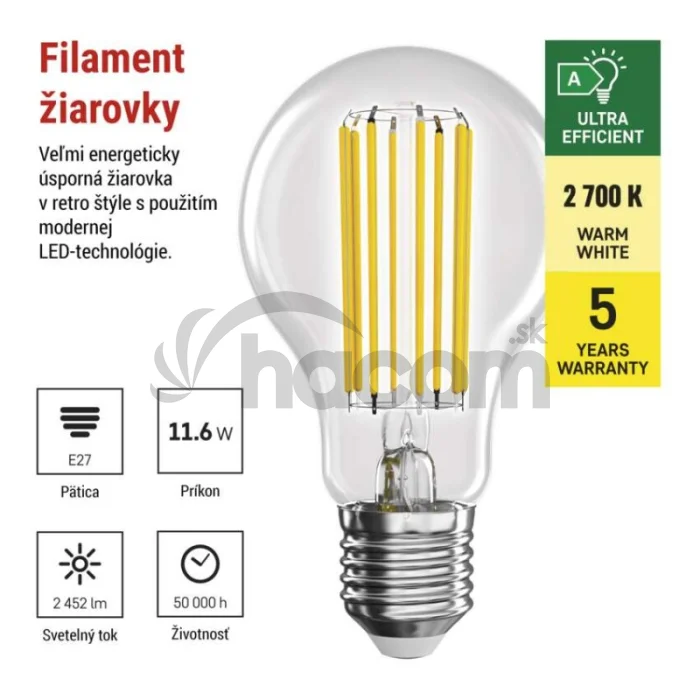 LED žiarovka Filament A70 / E27 / 11.6 W (150 W) / 2 452 lm / teplá biela / A CLASS
