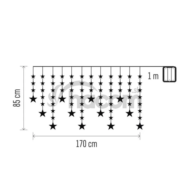 Vianočná LED girlanda – hviezdy, 1,7 m, 3x AA, IP44, studená biela, časovač