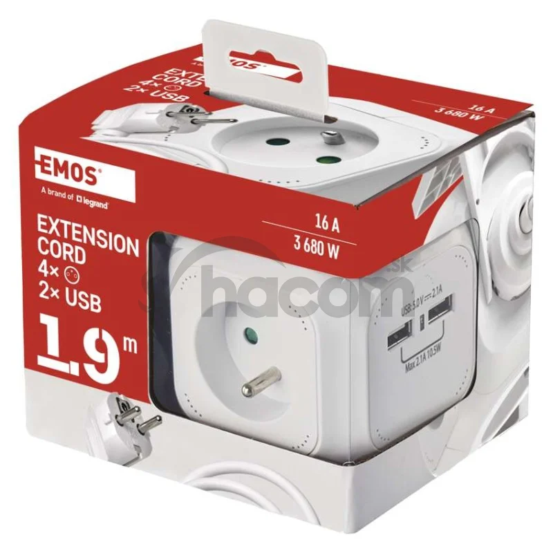 Predlžovací kábel - kocka 1,9 m / 4 zásuvky / biely / PVC / s USB / 1 mm2