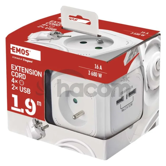Predlžovací kábel - kocka 1,9 m / 4 zásuvky / biely / PVC / s USB / 1 mm2